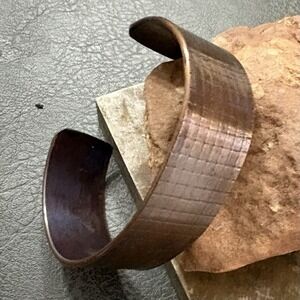 100% Pure Copper Handmade Wide Cuff Bracelet  Men's Grid Pattern Dark Patina